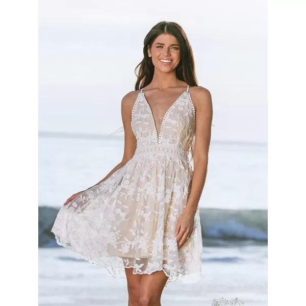 imageCUPSHE Womens V Neck Short Dress Formal Dress Sleeveless Spaghetti Strap Floral Lace Plunging A Line Mini DressChampagne