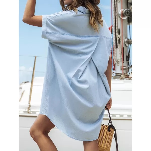 imageCUPSHE Womens V Neck Short Sleeve Button Down Mini Dress Denim Shirt DressBlue