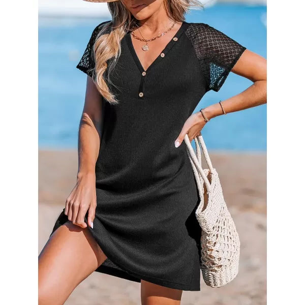 imageCUPSHE Womens V Neck Short Sleeve Eyelet Button A Line Fitted Mini DressBlack
