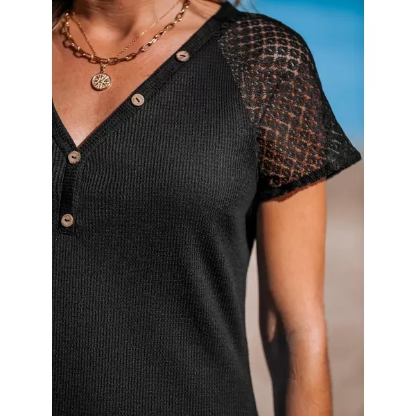 imageCUPSHE Womens V Neck Short Sleeve Eyelet Button A Line Fitted Mini DressBlack