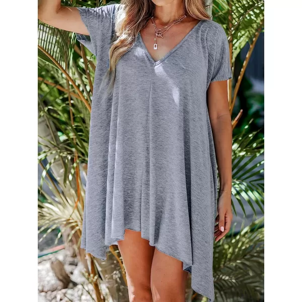 imageCUPSHE Womens V Neck Short Sleeve Knit Loose Mini Dress Casual Short DressGrey