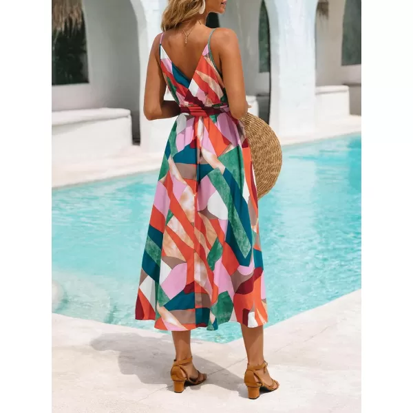 imageCUPSHE Womens V Neck Sleeveless Abstract Print Belted Midi Dress Slit Long Casual DressRedGreen