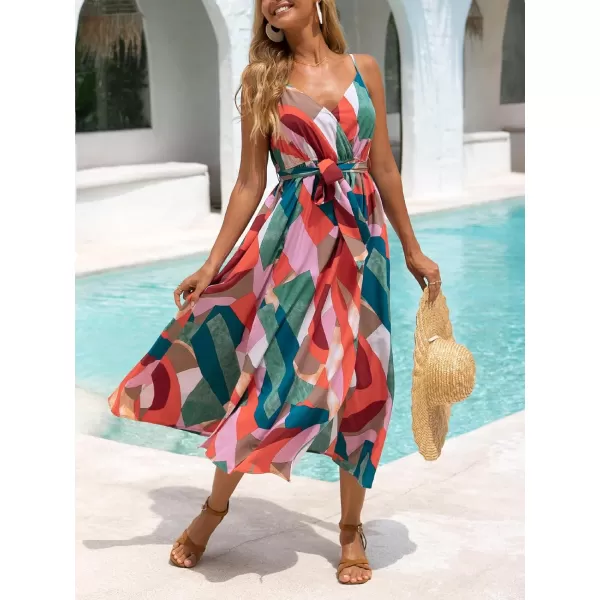 imageCUPSHE Womens V Neck Sleeveless Abstract Print Belted Midi Dress Slit Long Casual DressRedGreen