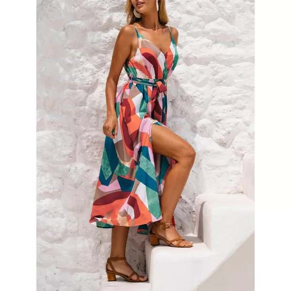 imageCUPSHE Womens V Neck Sleeveless Abstract Print Belted Midi Dress Slit Long Casual DressRedGreen