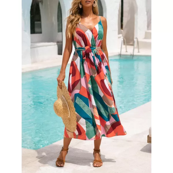imageCUPSHE Womens V Neck Sleeveless Abstract Print Belted Midi Dress Slit Long Casual DressRedGreen