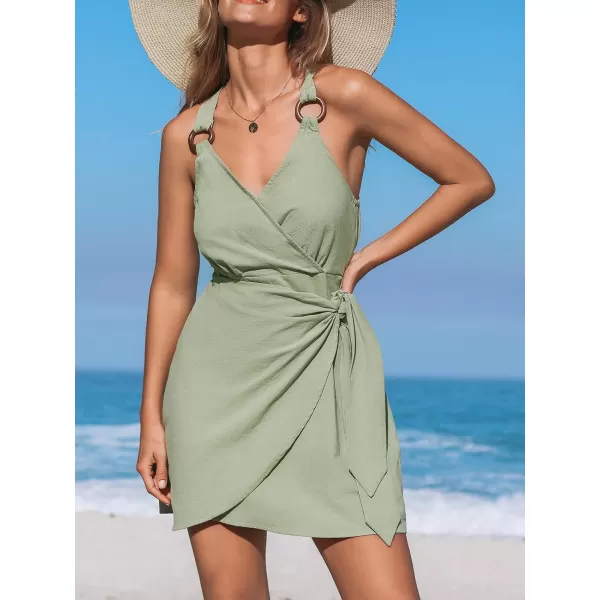 imageCUPSHE Womens V Neck Sleeveless Dress ORing High Waist Wrap with Side Tie Mini DressesSage