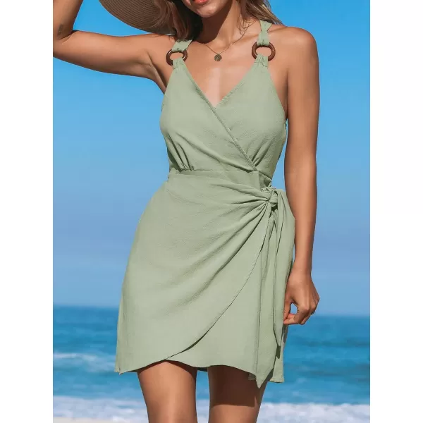 imageCUPSHE Womens V Neck Sleeveless Dress ORing High Waist Wrap with Side Tie Mini DressesSage