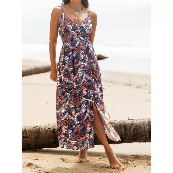 imageCUPSHE Womens V Neck Sleeveless Floral Print Belted Slit Long Dress Adjustable Cami Maxi DressRed Floral