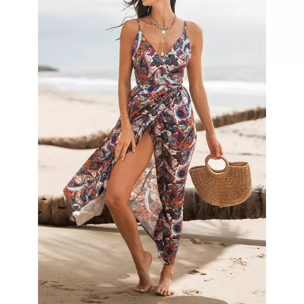 imageCUPSHE Womens V Neck Sleeveless Floral Print Belted Slit Long Dress Adjustable Cami Maxi DressRed Floral