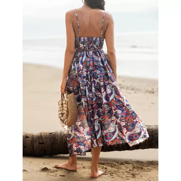 imageCUPSHE Womens V Neck Sleeveless Floral Print Belted Slit Long Dress Adjustable Cami Maxi DressRed Floral
