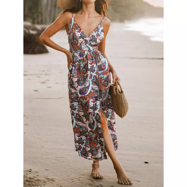 imageCUPSHE Womens V Neck Sleeveless Floral Print Belted Slit Long Dress Adjustable Cami Maxi DressRed Floral