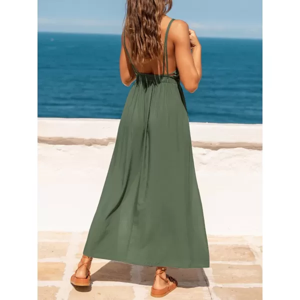 imageCUPSHE Womens V Neck Sleeveless Long Pleated Dress Slit Cami Maxi DressOlive Green