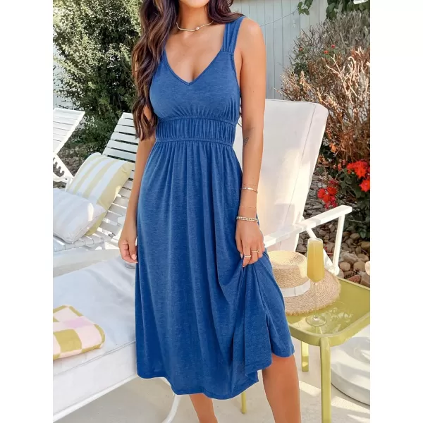 imageCUPSHE Womens V Neck Sleeveless Pleated Ruched Midi Dress Casual A Line Knit Long DressBlue