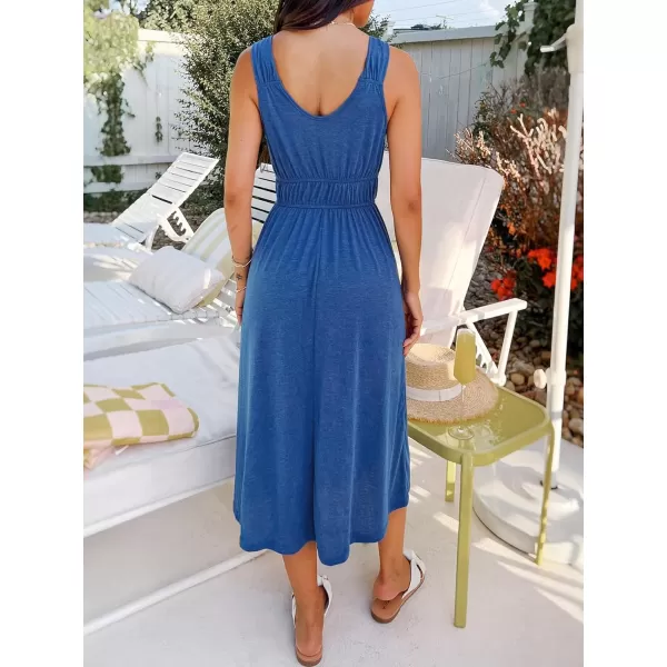 imageCUPSHE Womens V Neck Sleeveless Pleated Ruched Midi Dress Casual A Line Knit Long DressBlue