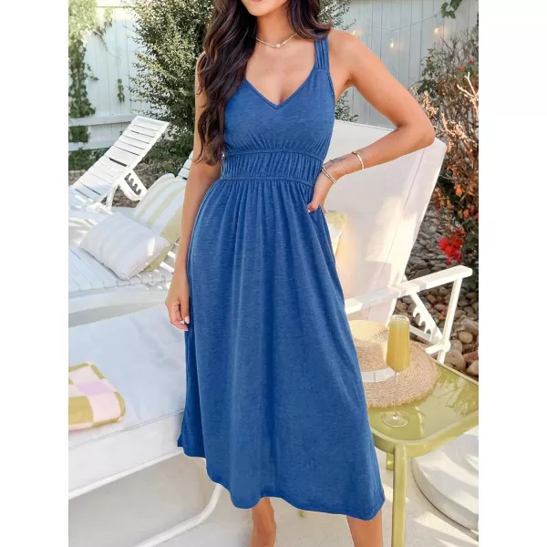 imageCUPSHE Womens V Neck Sleeveless Pleated Ruched Midi Dress Casual A Line Knit Long DressBlue