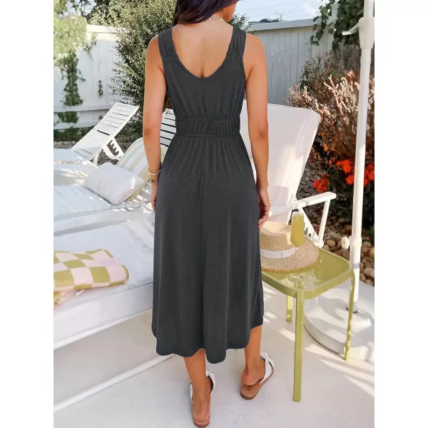 imageCUPSHE Womens V Neck Sleeveless Pleated Ruched Midi Dress Casual A Line Knit Long DressDark Grey