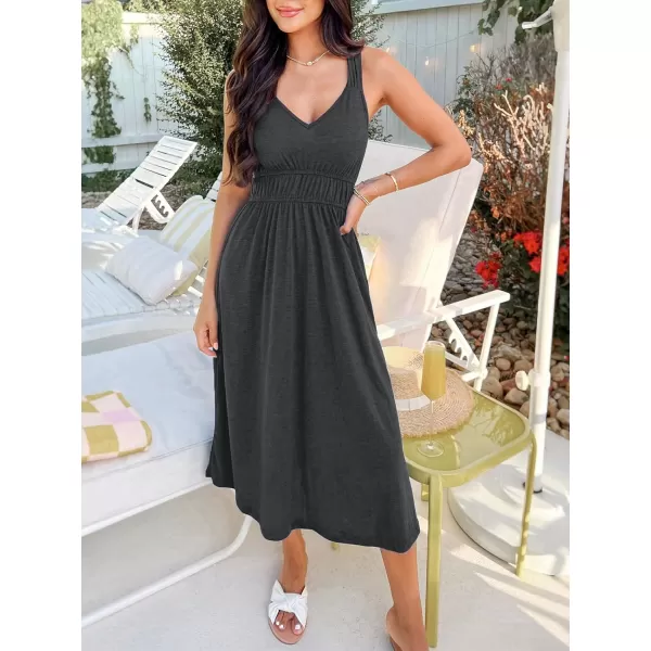 imageCUPSHE Womens V Neck Sleeveless Pleated Ruched Midi Dress Casual A Line Knit Long DressDark Grey