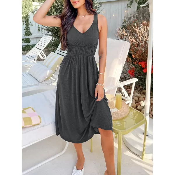 imageCUPSHE Womens V Neck Sleeveless Pleated Ruched Midi Dress Casual A Line Knit Long DressDark Grey