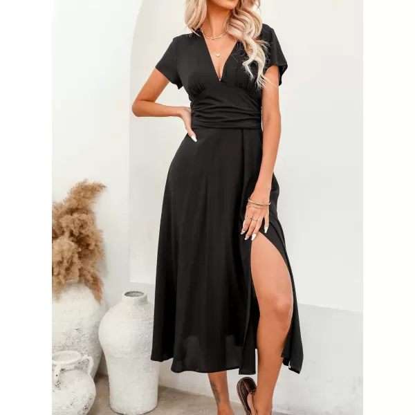 imageCUPSHE Womens V Neck Slit Maxi Dress Short Sleeve Ruched A Line DressBlack
