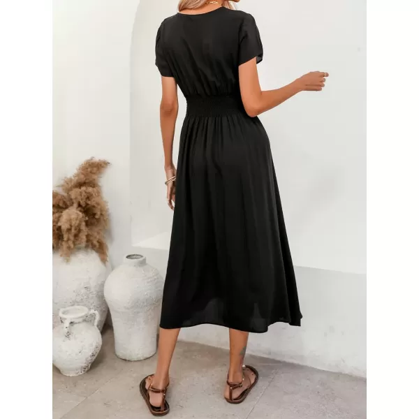 imageCUPSHE Womens V Neck Slit Maxi Dress Short Sleeve Ruched A Line DressBlack