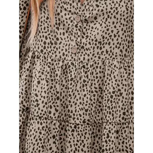imageCUPSHE Womens V Neck Speckled Print Long Sleeve Button Tiered Flounce Mini Dress Casual A Line Short DressBrown