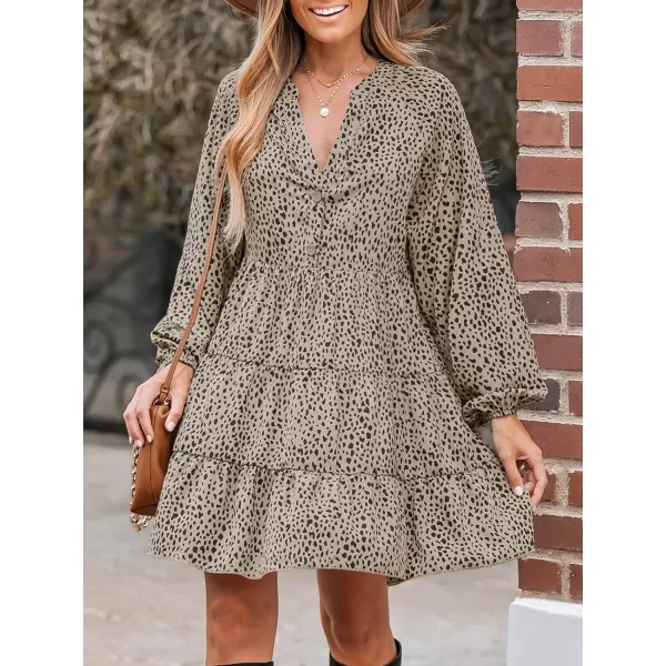 imageCUPSHE Womens V Neck Speckled Print Long Sleeve Button Tiered Flounce Mini Dress Casual A Line Short DressBrown