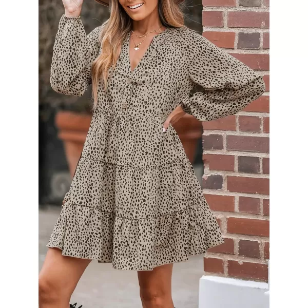 imageCUPSHE Womens V Neck Speckled Print Long Sleeve Button Tiered Flounce Mini Dress Casual A Line Short DressBrown
