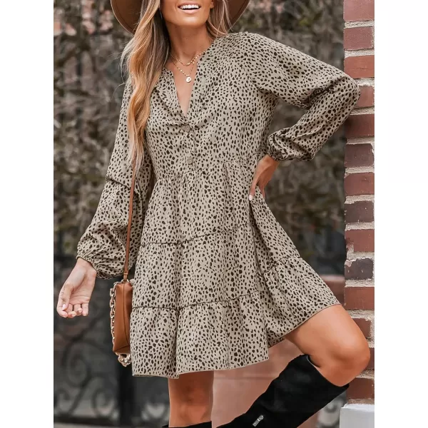 imageCUPSHE Womens V Neck Speckled Print Long Sleeve Button Tiered Flounce Mini Dress Casual A Line Short DressBrown