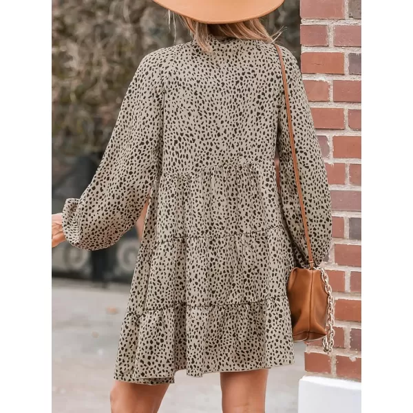 imageCUPSHE Womens V Neck Speckled Print Long Sleeve Button Tiered Flounce Mini Dress Casual A Line Short DressBrown