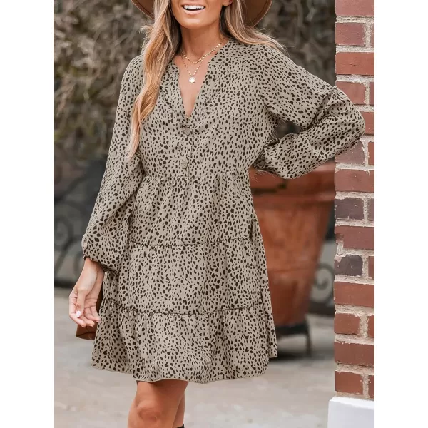 imageCUPSHE Womens V Neck Speckled Print Long Sleeve Button Tiered Flounce Mini Dress Casual A Line Short DressBrown