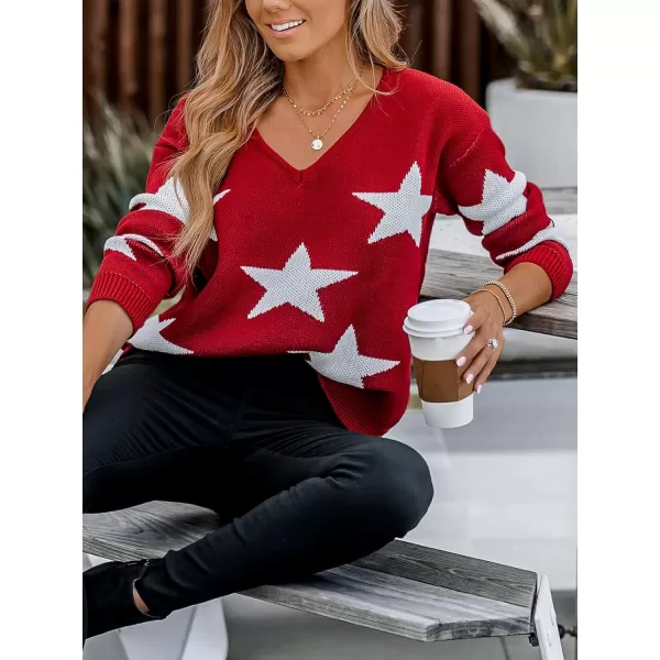 imageCUPSHE Womens V Neck Star Print Sweater Dropped Long Sleeve Pullover Christmas Sweater TopBurgundy