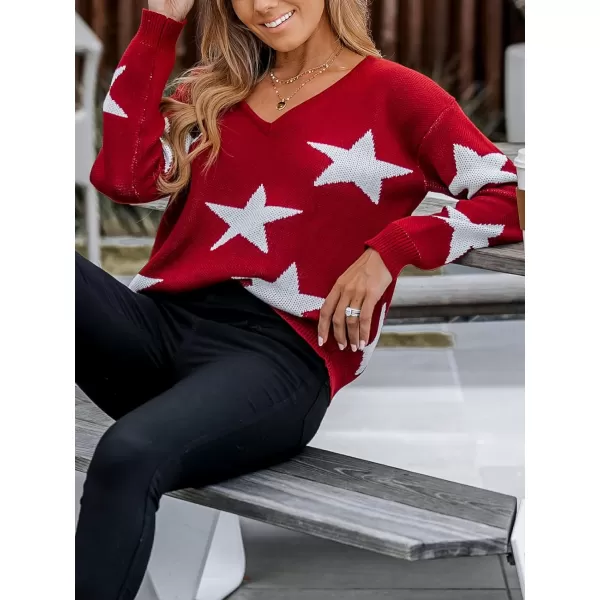 imageCUPSHE Womens V Neck Star Print Sweater Dropped Long Sleeve Pullover Christmas Sweater TopBurgundy