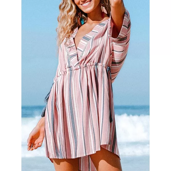 imageCUPSHE Womens V Neck Stripe Drawstring Tassel Above The Knee Length Cover Up with Elbow SleeveMulticolored