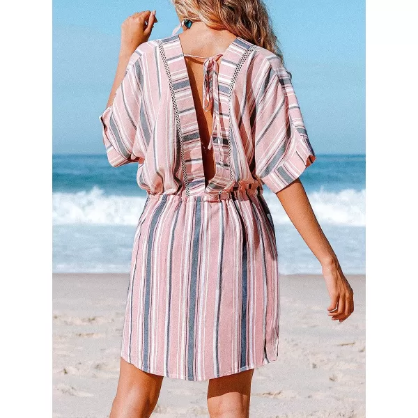 imageCUPSHE Womens V Neck Stripe Drawstring Tassel Above The Knee Length Cover Up with Elbow SleeveMulticolored