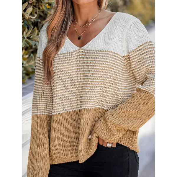 imageCUPSHE Womens V Neck Striped Colorblock Sweater Knit Tops Warm Pullover Sweater Dropped Long SleeveBrown