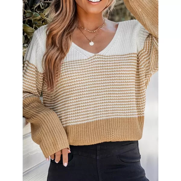 imageCUPSHE Womens V Neck Striped Colorblock Sweater Knit Tops Warm Pullover Sweater Dropped Long SleeveBrown
