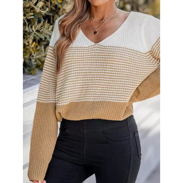 imageCUPSHE Womens V Neck Striped Colorblock Sweater Knit Tops Warm Pullover Sweater Dropped Long SleeveBrown