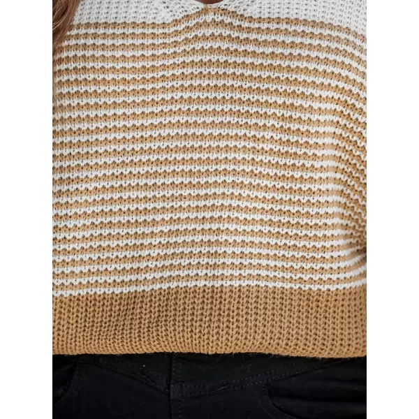 imageCUPSHE Womens V Neck Striped Colorblock Sweater Knit Tops Warm Pullover Sweater Dropped Long SleeveBrown