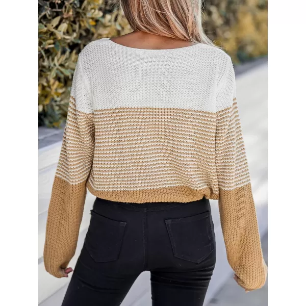 imageCUPSHE Womens V Neck Striped Colorblock Sweater Knit Tops Warm Pullover Sweater Dropped Long SleeveBrown