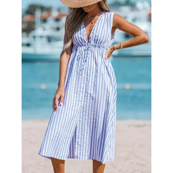 imageCUPSHE Womens V Neck Striped Drawstring Waist Dress Buttons Front Formal Dress A Line Midi DressLight Blue