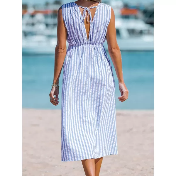 imageCUPSHE Womens V Neck Striped Drawstring Waist Dress Buttons Front Formal Dress A Line Midi DressLight Blue