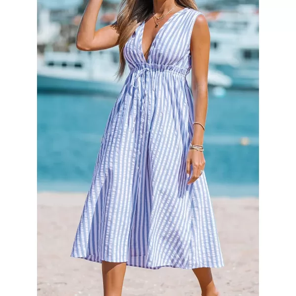 imageCUPSHE Womens V Neck Striped Drawstring Waist Dress Buttons Front Formal Dress A Line Midi DressLight Blue