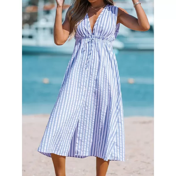 imageCUPSHE Womens V Neck Striped Drawstring Waist Dress Buttons Front Formal Dress A Line Midi DressLight Blue