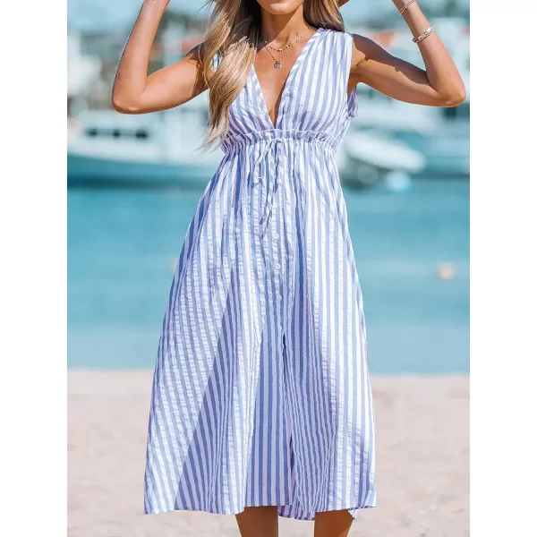 imageCUPSHE Womens V Neck Striped Drawstring Waist Dress Buttons Front Formal Dress A Line Midi DressLight Blue