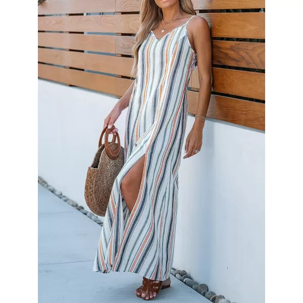 imageCUPSHE Womens V Neck Striped Maxi Dress Casual A Line Side Slit Summer Long DressBlue Striped