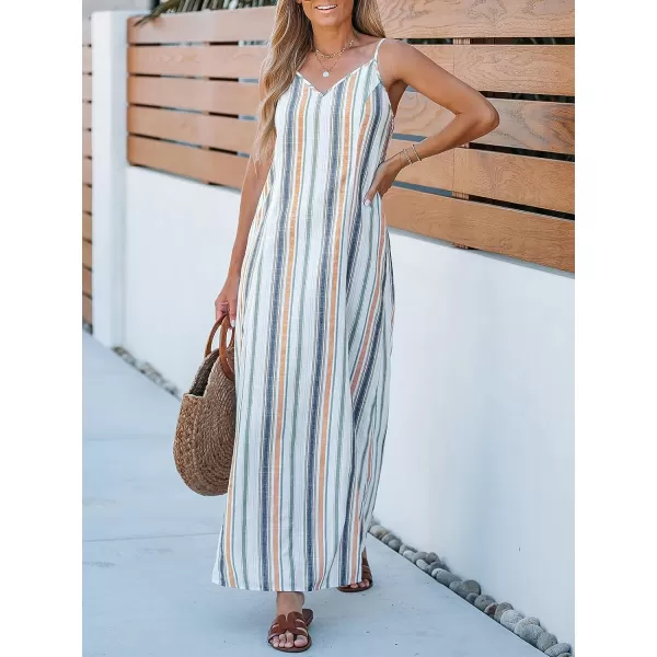 imageCUPSHE Womens V Neck Striped Maxi Dress Casual A Line Side Slit Summer Long DressBlue Striped