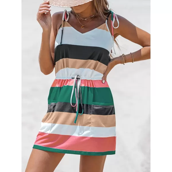 imageCUPSHE Womens V Neck Striped Tie Strap Short Dress Pockets Bodycon Drawstring Formal Dress Mini DressWhiteampblack