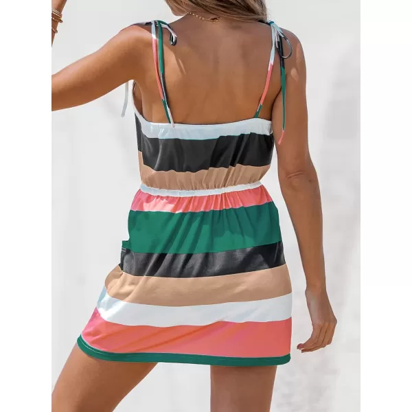 imageCUPSHE Womens V Neck Striped Tie Strap Short Dress Pockets Bodycon Drawstring Formal Dress Mini DressWhiteampblack