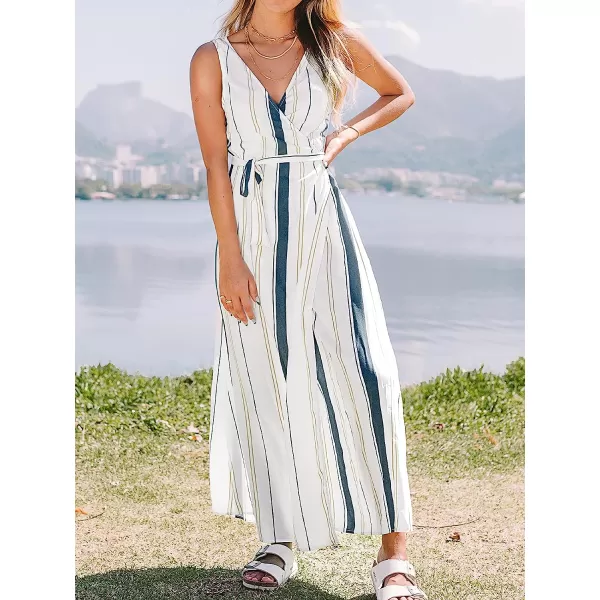 imageCUPSHE Womens V Neck Striped Wrap Tie Waist Sleeveless Maxi DressMulticolor