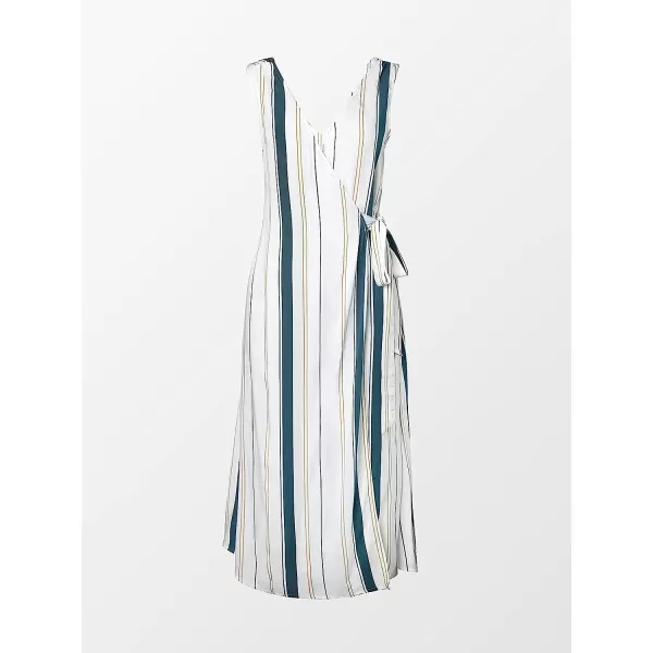 imageCUPSHE Womens V Neck Striped Wrap Tie Waist Sleeveless Maxi DressMulticolor